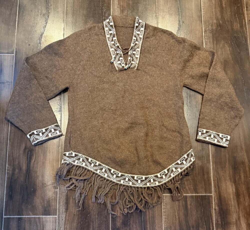 Handmade Alpaca Wool Sweater Fringe Brown Aztec Size S/M Pullover